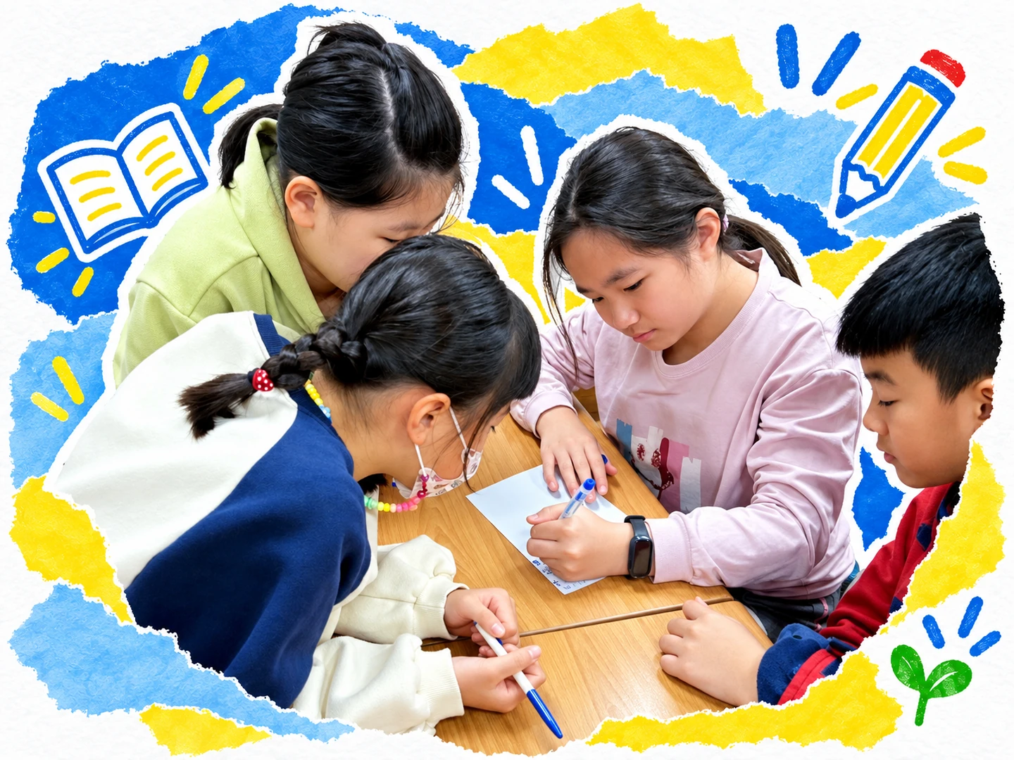 孩子圍著桌子合作完成學習任務